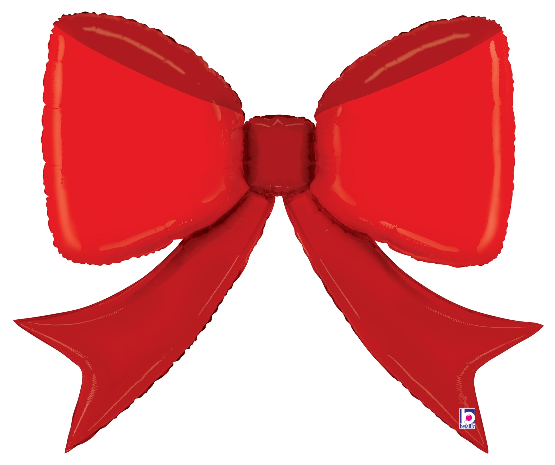 Shiny red foil balloon shaped like a large decorative bow with two long tails.