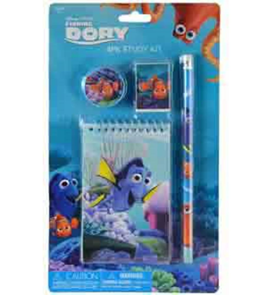 Disney Finding Dory 4-piece study kit with spiral notepad, pencil, eraser, and sharpener featuring blue underwater theme and
