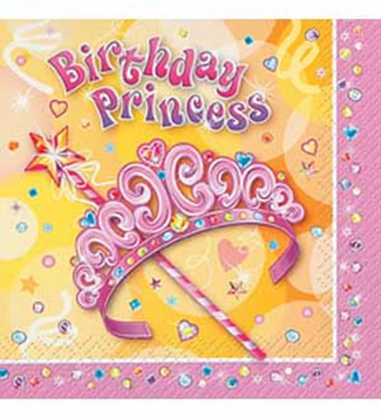 Pink square napkin with a jeweled princess tiara and magic wand, decorated with hearts and sparkles.
