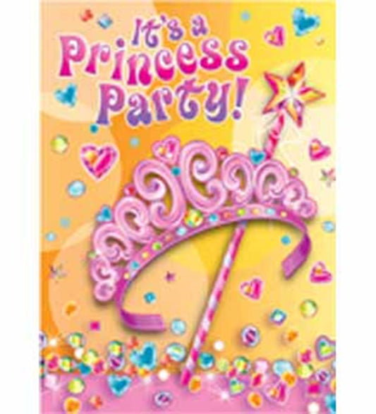 Orange invitation card with pink princess tiara and magic wand, colorful hearts and stars, "It's a Princess Party!" text in.