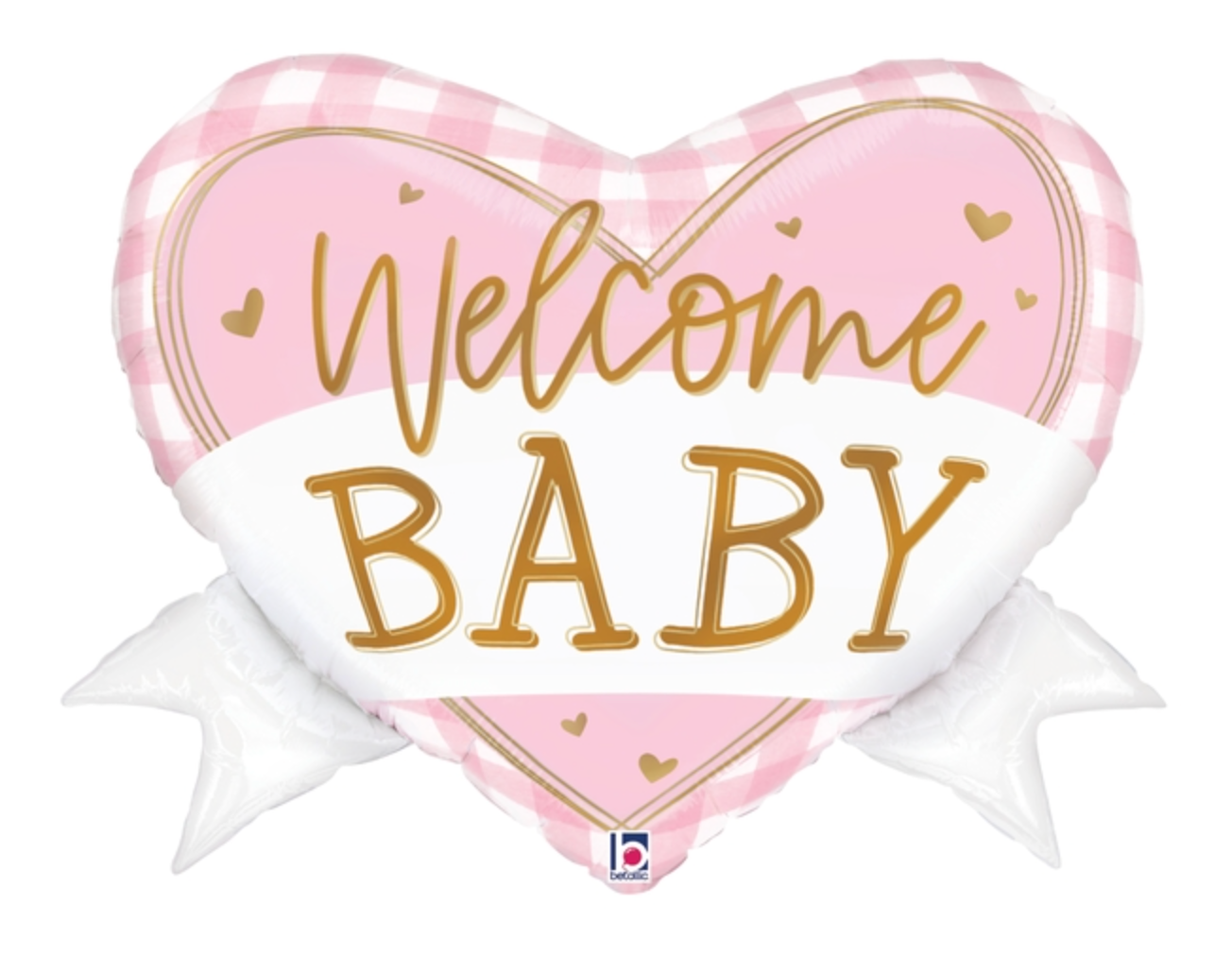 Betallic Pink Gingham Baby Heart Banner 28 inch Foil Shape Packaged 1ct