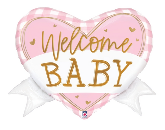 Betallic Pink Gingham Baby Heart Banner 28 inch Foil Shape Packaged 1ct