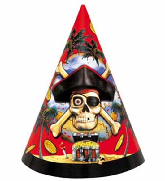 Cone-shaped red paper party hat featuring a pirate skull with an eyepatch, crossed bones, treasure chest, and gold coins.