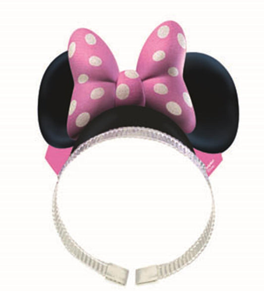 Black plastic headband with attached black Minnie mouse ears and a pink bow with white polka dots.
