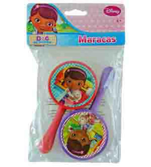 Set of two plastic maracas featuring colorful Doc McStuffins character designs, one with red handle and one with purple.