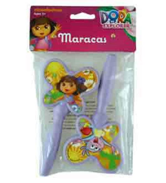 Set of two purple plastic maracas featuring colorful Dora the Explorer character designs.