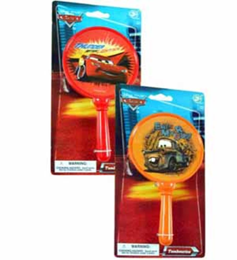 Red and orange plastic tambourines featuring Disney Cars characters Lightning McQueen and Mater.