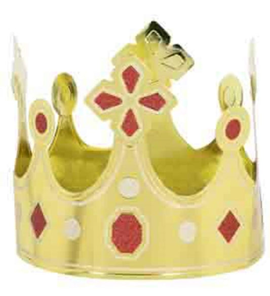 Gold crown hat with red and white jewel-shaped decorations and rounded arches.