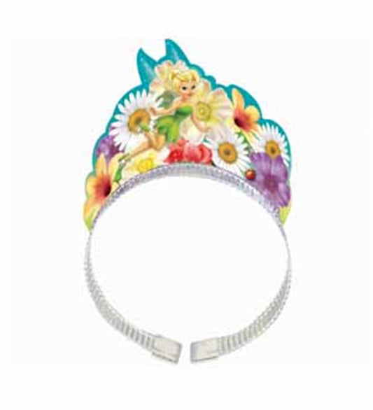 White plastic headband with a colorful Tinkerbell cardboard tiara featuring flowers and sparkling accents.