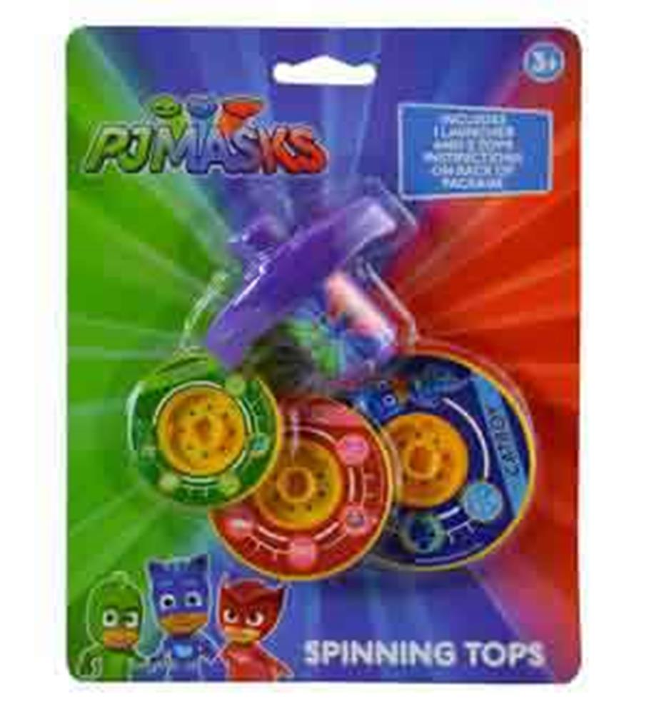 Set of three colorful PJ Masks-themed plastic spinning tops in purple, green, red, and blue packaging with cartoon character