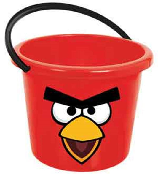 Red plastic bucket with black handle featuring Angry Birds character face on front.