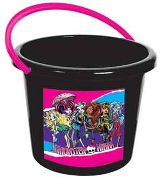 Black plastic bucket with bright pink handle and colorful Monster High character graphic on front.
