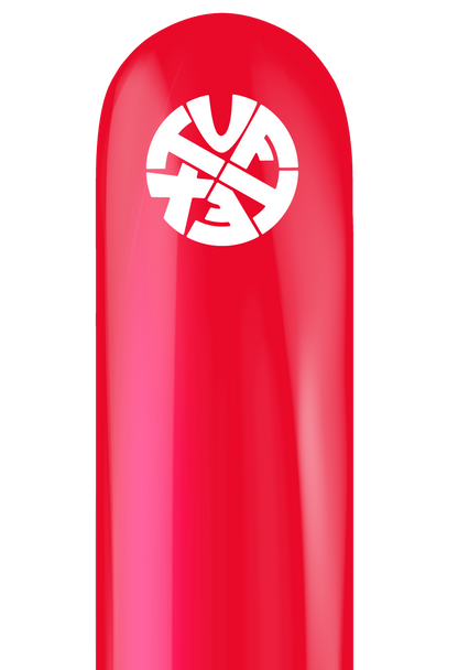 Bright red long balloon with white Tuftex logo near the top.