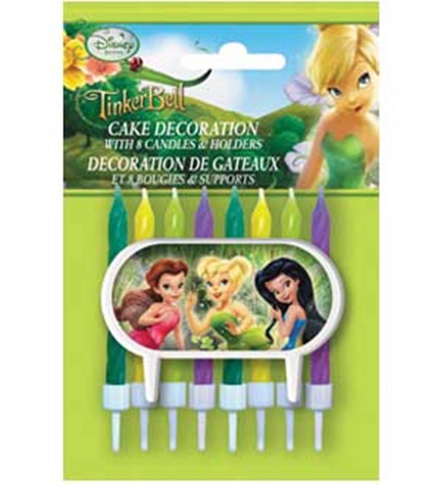 TinkerBell-themed cake candles in yellow, green, purple, and white with fairy character holders.