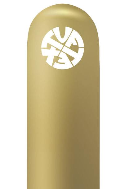 Single metallic gold latex balloon with a white circular Tuftex logo near the top.