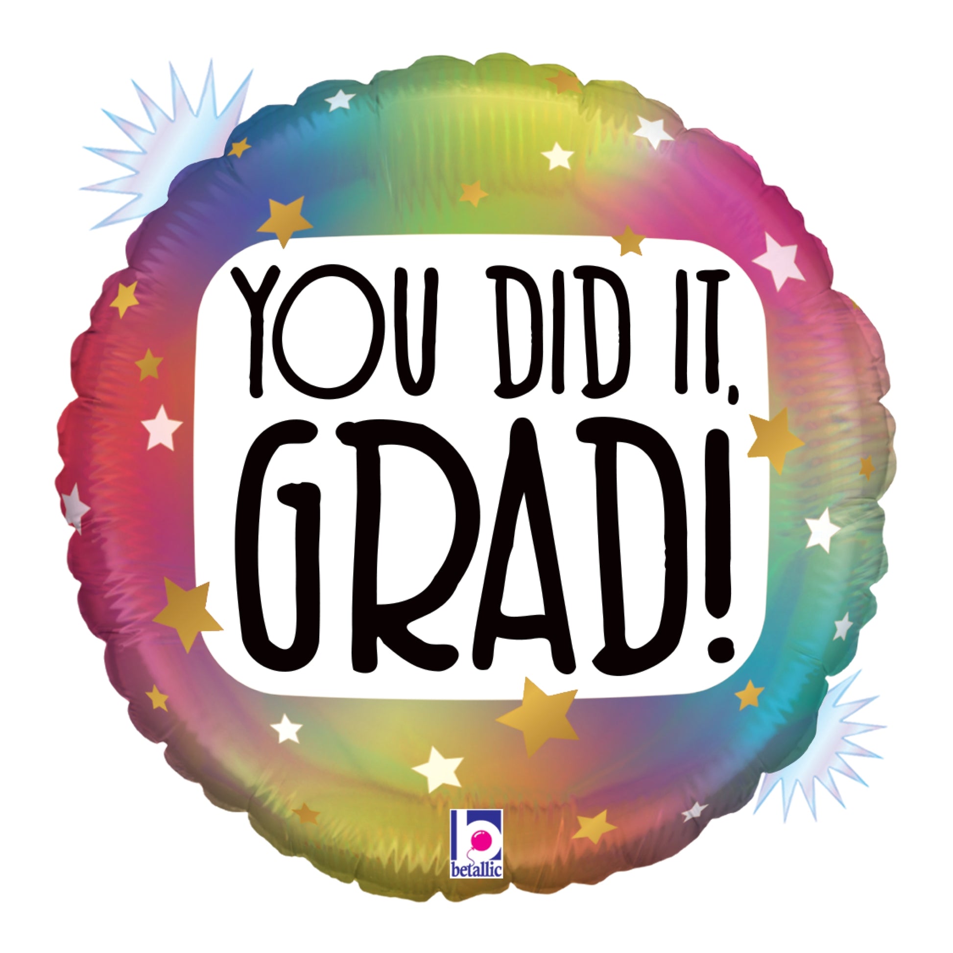 18-inch round opal holographic balloon with colorful gradient and black "You Did It, Grad!" text surrounded by gold stars.