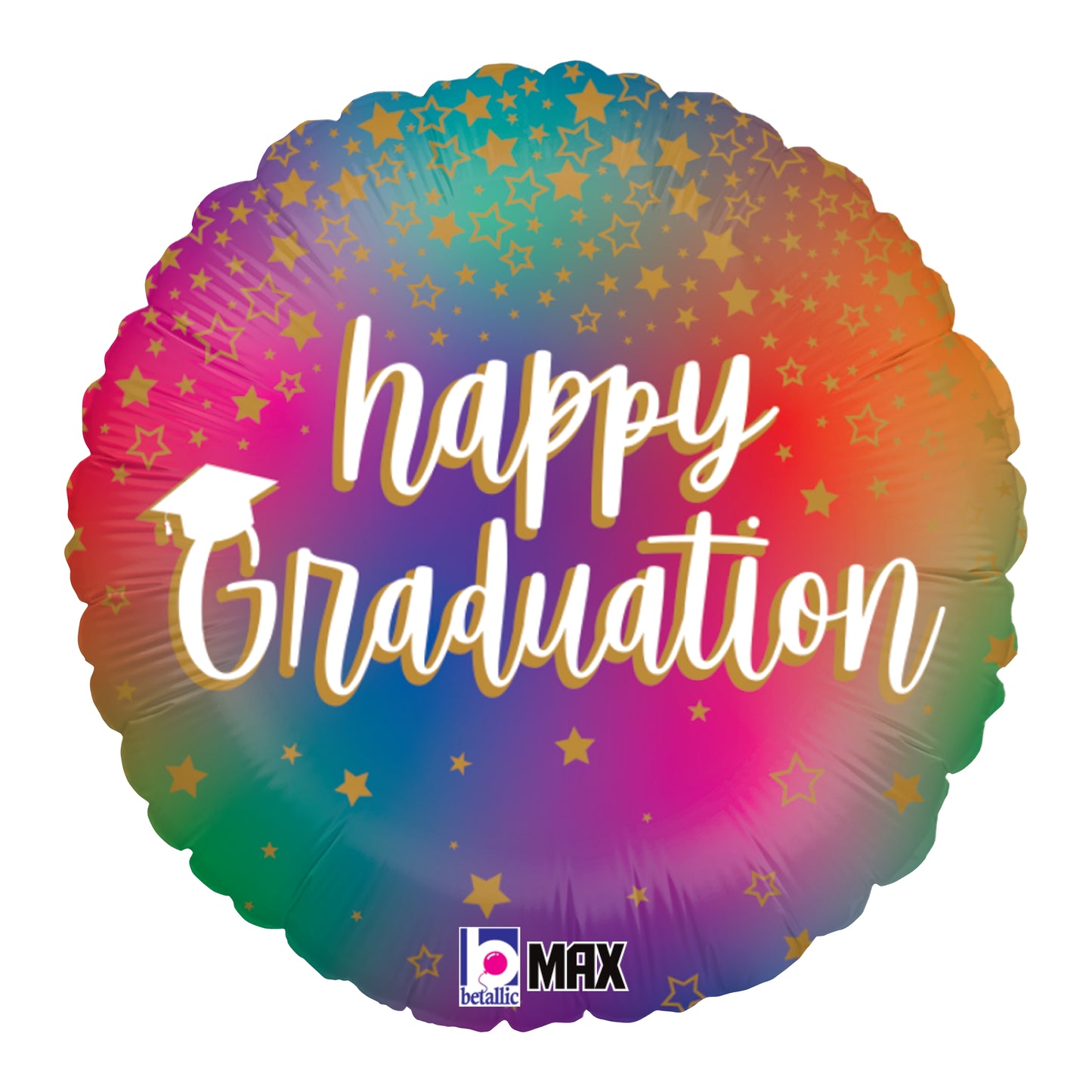 Round foil balloon with a vibrant rainbow gradient and gold star accents, featuring white "happy Graduation" text and a gold