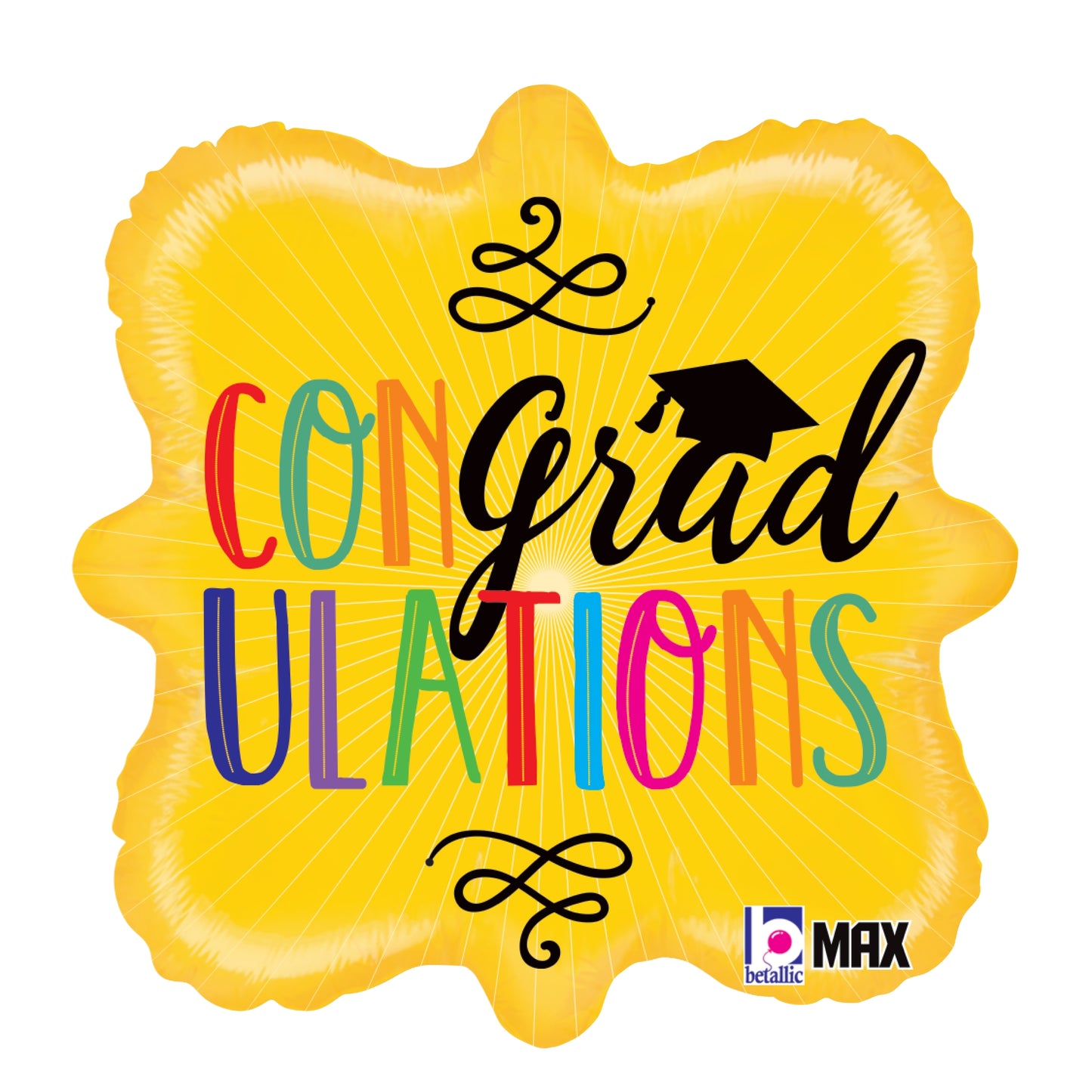 Yellow ornate frame foil balloon with colorful "CONgradULATIONS" text and black graduation cap design.