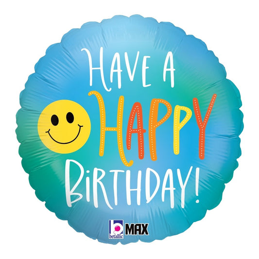 Round blue and green gradient foil balloon with white, orange, and yellow "Have a Happy Birthday!" text and a yellow smiley.