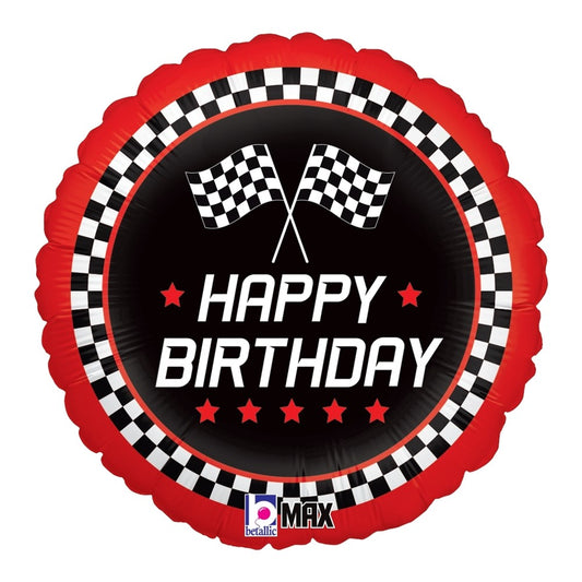 Round foil balloon with black and white checkered border, red scalloped edge, crossed checkered flags, and "Happy Birthday".