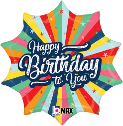 Colorful starburst-patterned round foil balloon with "Happy Birthday to You" text in white script.