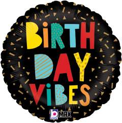 Black round foil balloon with colorful "Birthday Vibes" text and gold confetti accents, 18 inch.