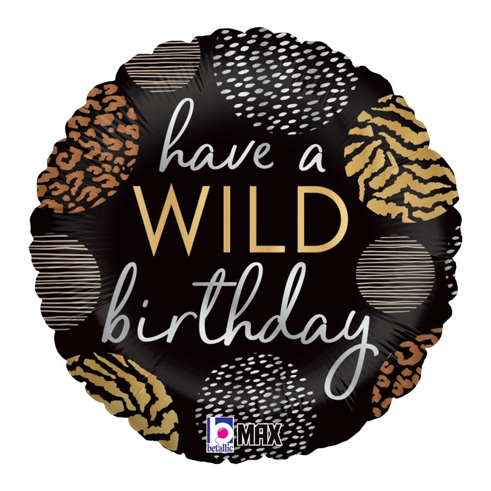 18-inch round black balloon with animal print patches and "have a WILD birthday" text in gold and white.