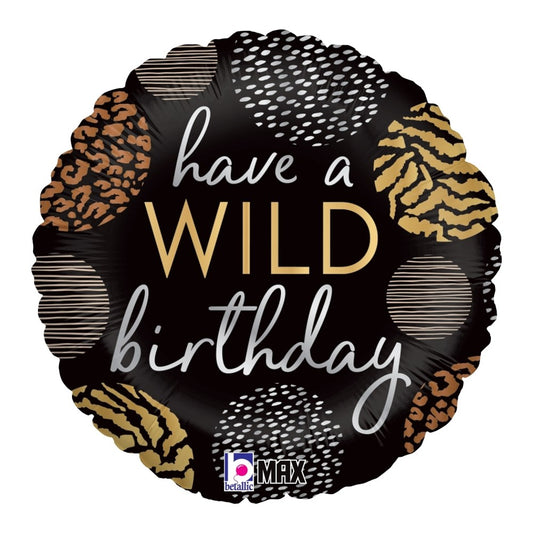 18-inch round black balloon with animal print patches and "have a WILD birthday" text in gold and white.