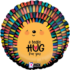 18-inch round foil balloon with colorful hedgehog design and "a hedge HUG for you" text.