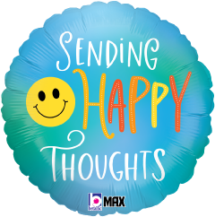 Round blue and green gradient foil balloon with a smiling yellow face and "Sending Happy Thoughts" text in white and orange,
