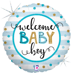 Round foil balloon with light blue and white horizontal stripes, gold and blue polka dots, and "Welcome Baby Boy" text in.