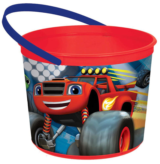 Red plastic bucket with blue handle featuring Blaze Monster Machines character and flame graphics.