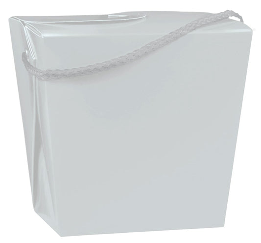 Small square silver metal pail with a braided handle, smooth finish, and slight taper toward base.