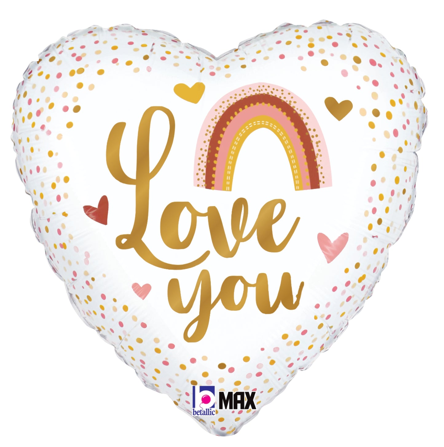 Heart-shaped white foil balloon with gold "Love You" text, pink and gold rainbow, and multicolored confetti dots.