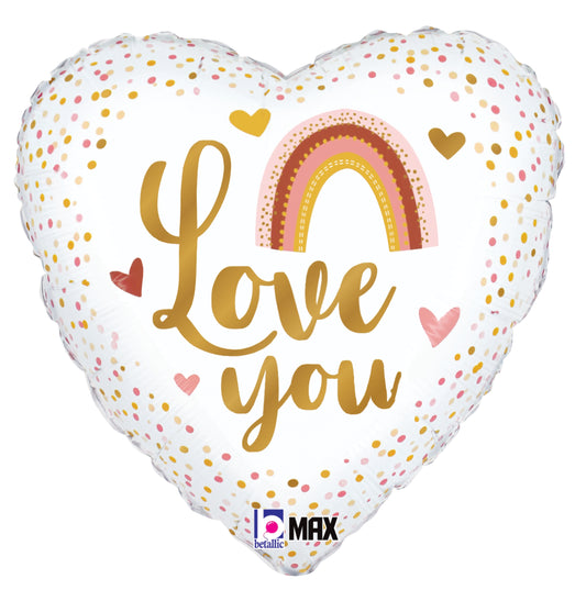 Heart-shaped white foil balloon with gold "Love You" text, pink and gold rainbow, and multicolored confetti dots.
