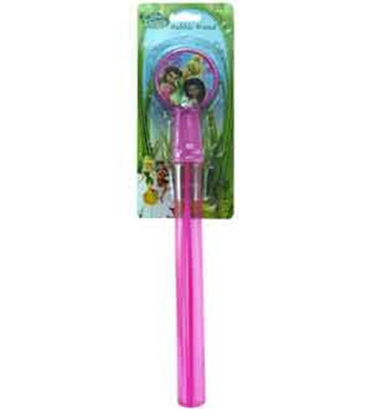 Pink plastic giant bubble wand with a large circular loop and fairies-themed packaging background.
