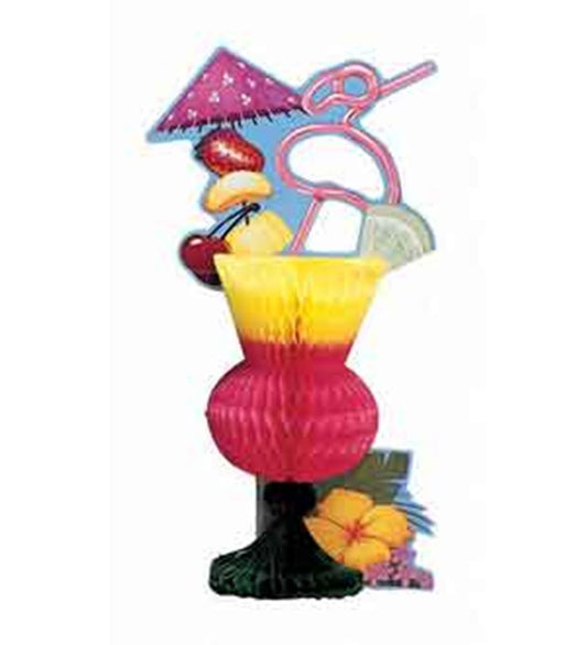 Red and yellow honeycomb paper centerpiece shaped like a tropical drink with paper umbrella, straw, fruit garnish, and.