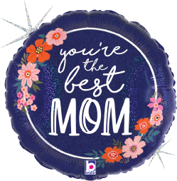 18-inch round navy blue foil balloon with holographic glitter, white "you're the best MOM" text, and pink and orange floral.