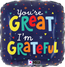 18-inch navy blue foil balloon with colorful "You're Great I'm Grateful" text and confetti designs.