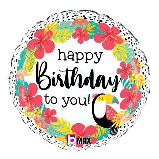 Round white foil balloon with colorful tropical flowers and leaves wreath, black and yellow toucan, and "happy birthday to.