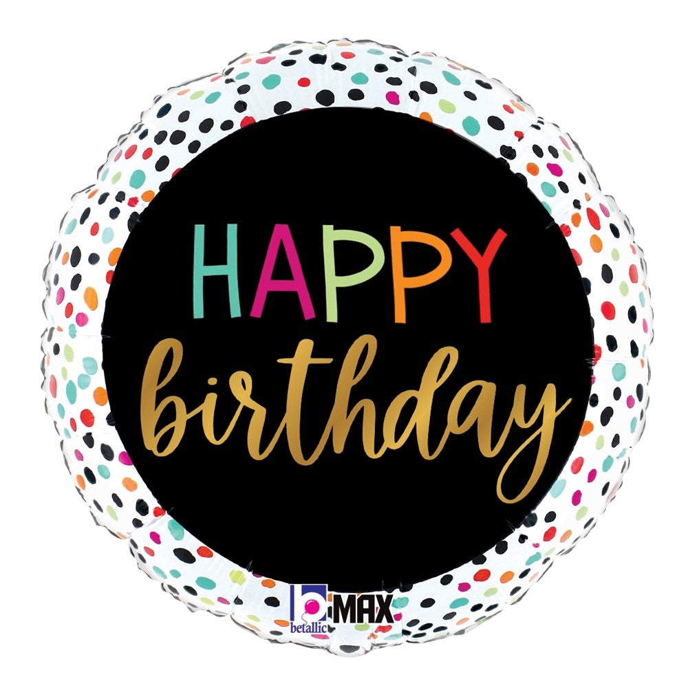 18-inch round foil balloon with colorful polka dots and "Happy Birthday" text in bright letters on black background.