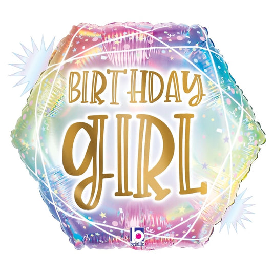 18-inch hexagon holographic balloon with pastel opal colors and gold "Birthday Girl" lettering.