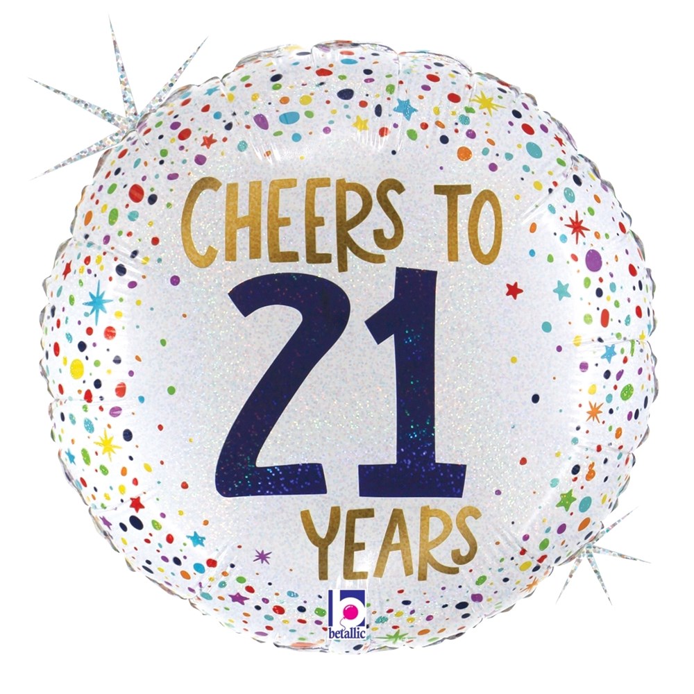 18-inch round holographic balloon with multicolor confetti and "Cheers to 21 Years" in gold and navy text.