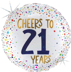 18-inch round white foil balloon with colorful confetti dots and gold and navy blue "Cheers to 21 Years" text.