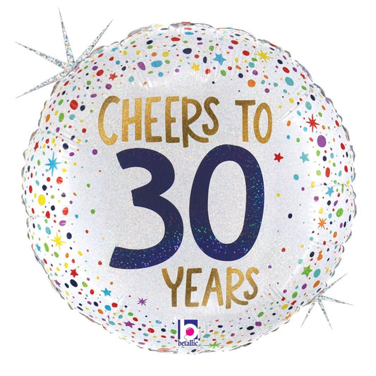 18-inch round white holographic balloon with multicolored confetti dots and "Cheers to 30 Years" in gold and navy letters.