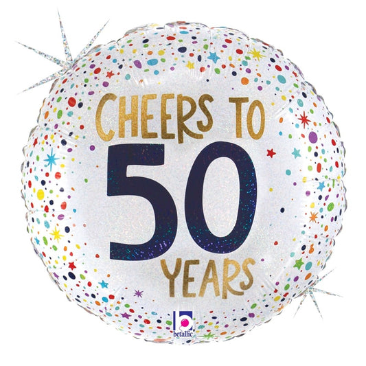 Round white holographic foil balloon with multicolored confetti dots and gold text "Cheers to 50 Years".