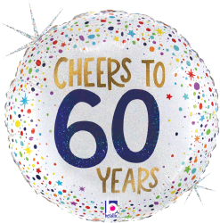 18-inch round silver holographic balloon with colorful confetti and "Cheers to 60 Years" in gold and navy text.