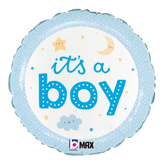 Round light blue foil balloon with white center, polka dot border, and "It's a boy" text in blue with stars, moon, and cloud