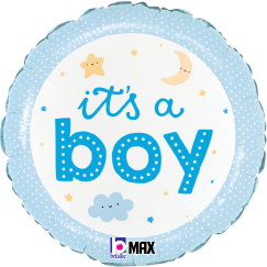 Round foil balloon with light blue polka dot border, white center, moon, stars, cloud, and "it's a boy" in blue text.