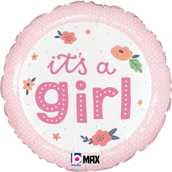 Round pink foil balloon with white center, decorated with flowers and "it's a girl" text in playful font.